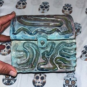 Treasure chest Signed Pottery glazed teal color.  Beautiful design.